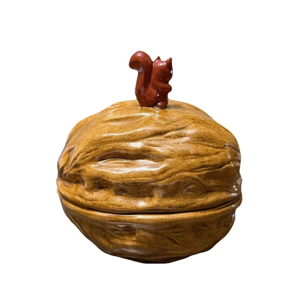 Vintage Walnut Cookie Jar Trinket Box Squirrel Lid Brown Ceramic Nut Dish